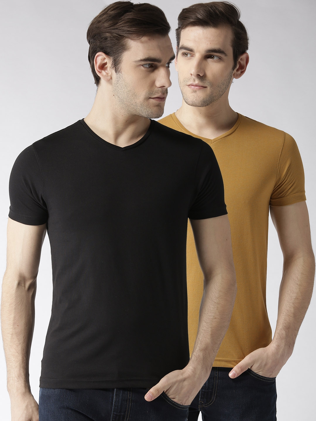 Buy Foreign Culture Men Pack Of 2 Solid V Neck T Shirts - Tshirts for ...