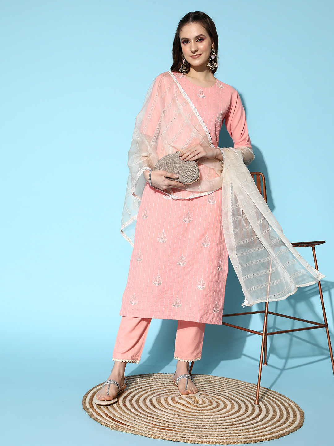 Indo Era Peach Embroidered Straight Kurta Trousers set