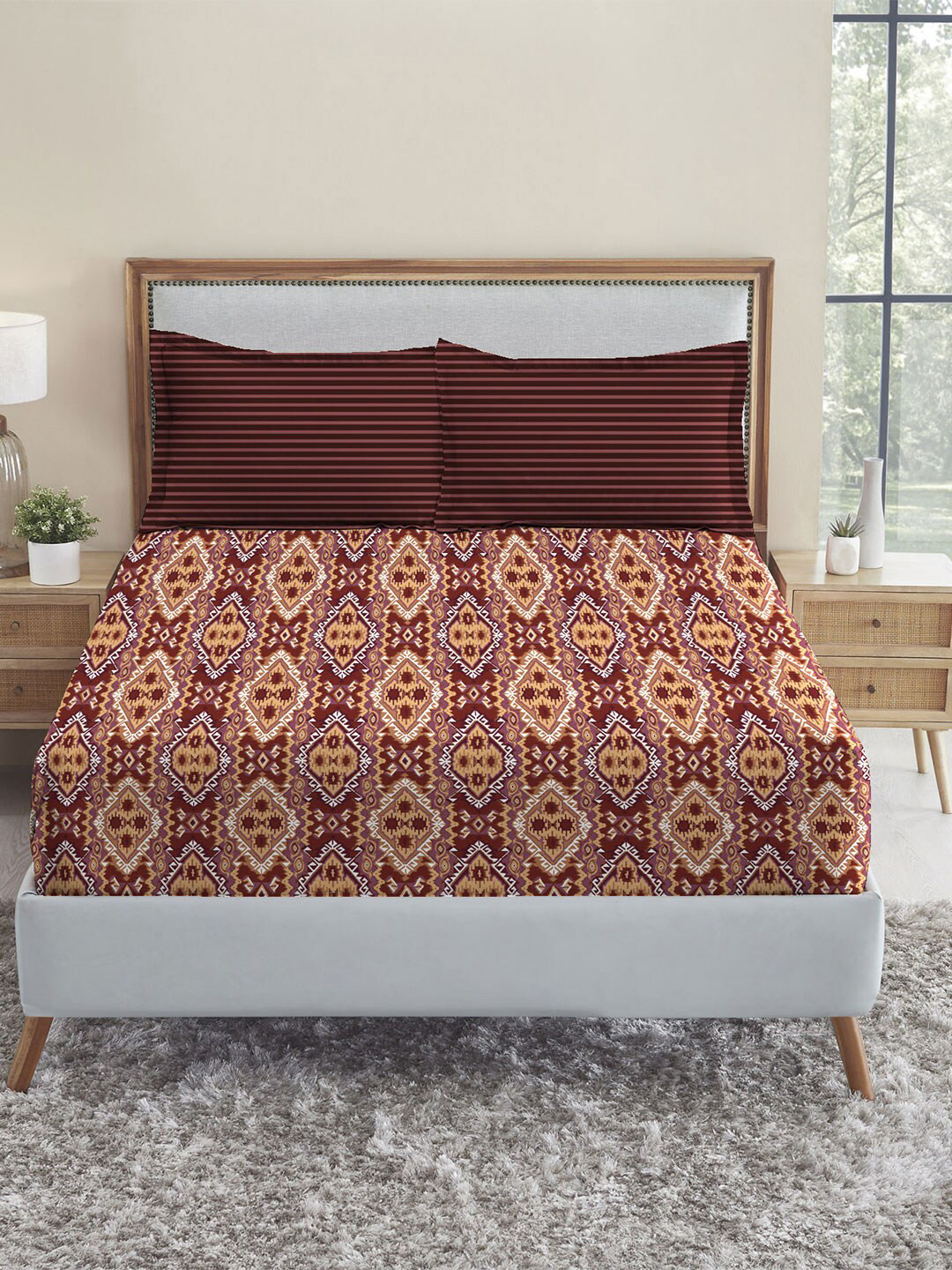 Buy MYTRIDENT Brown White Geometric 144 TC Queen Bedsheet With 2 Pillow