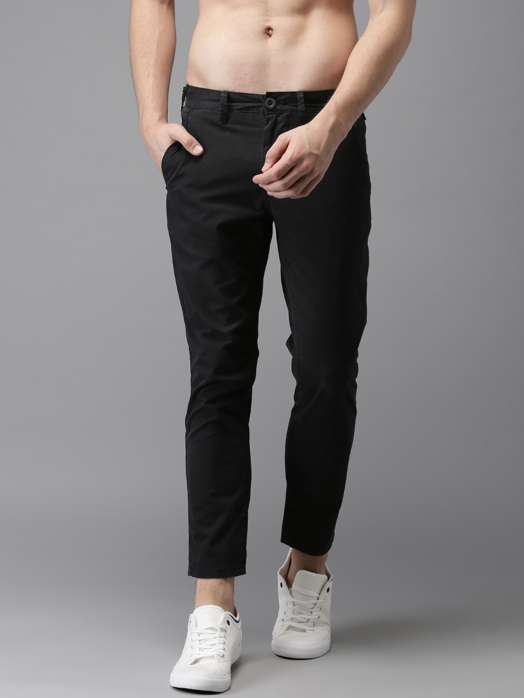 Buy HERE&NOW Men Black Slim Fit Solid Cropped Regular Trousers ...
