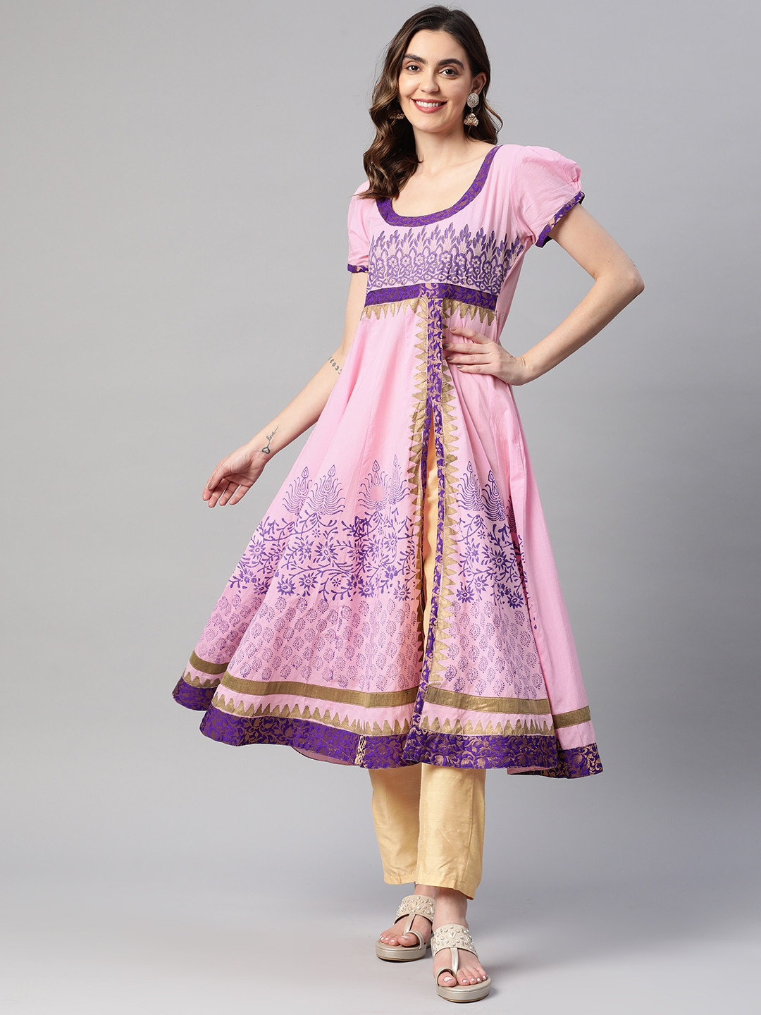 Buy MBE Women Floral Block Print Puff Sleeves Pure Cotton Anarkali