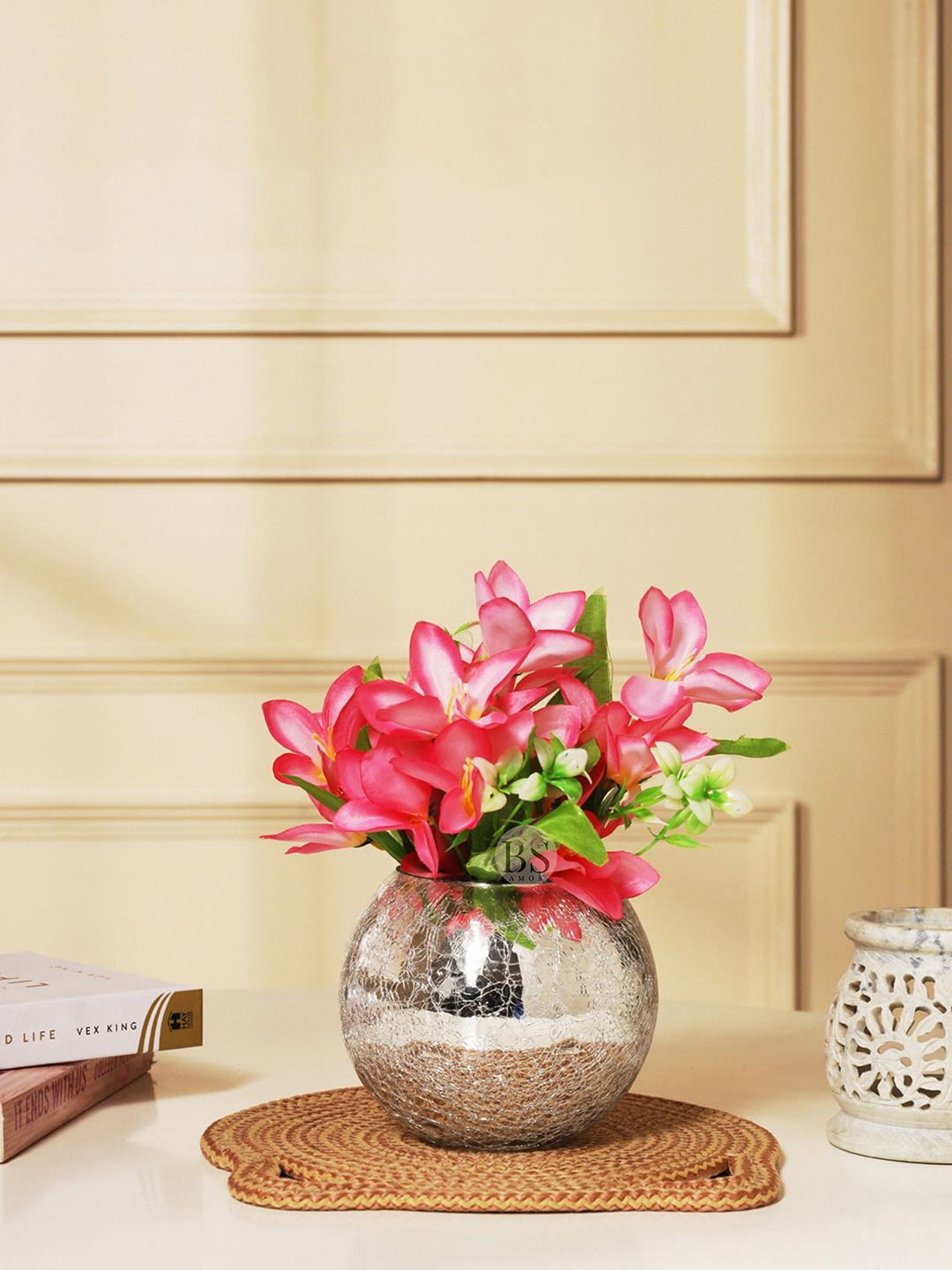 Buy BS AMOR Pink Home Wedding Decoration Artificial Flowers With Glass