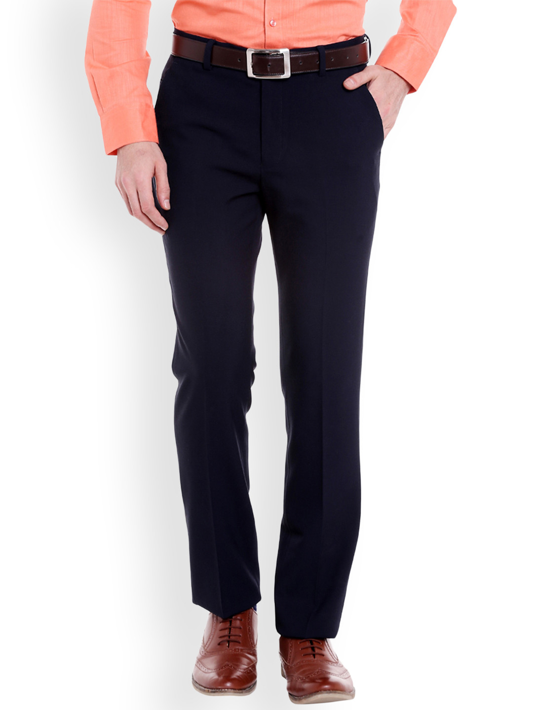 Buy Solemio Men Navy Blue Original Regular Fit Solid Formal Trousers