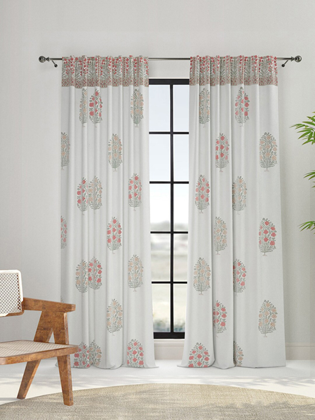 Buy Fabindia Dawaik White & Red Floral Cotton Door Curtain Curtains