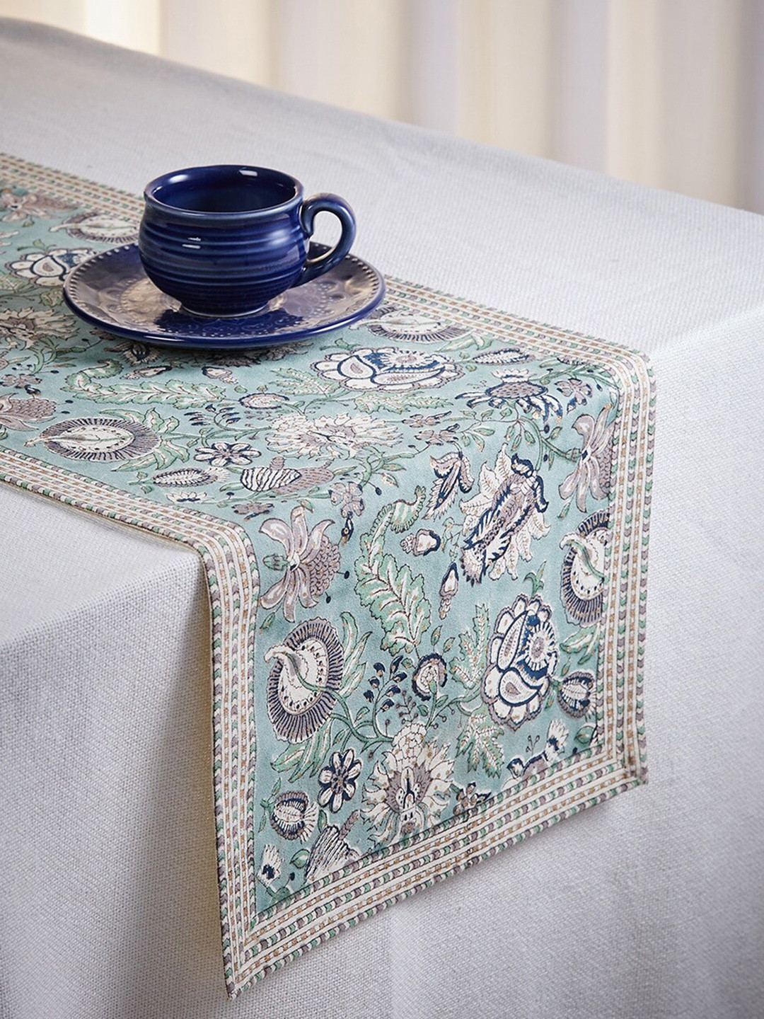 Buy Fabindia Antara Blue & White Floral Block Printed Cotton Table