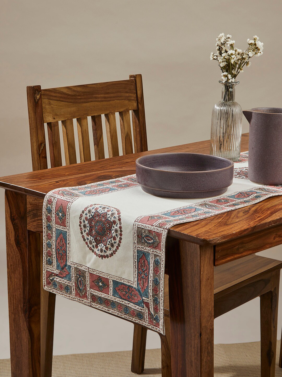 Buy Fabindia Cerise Pink & Off White Printed Cotton Table Runner