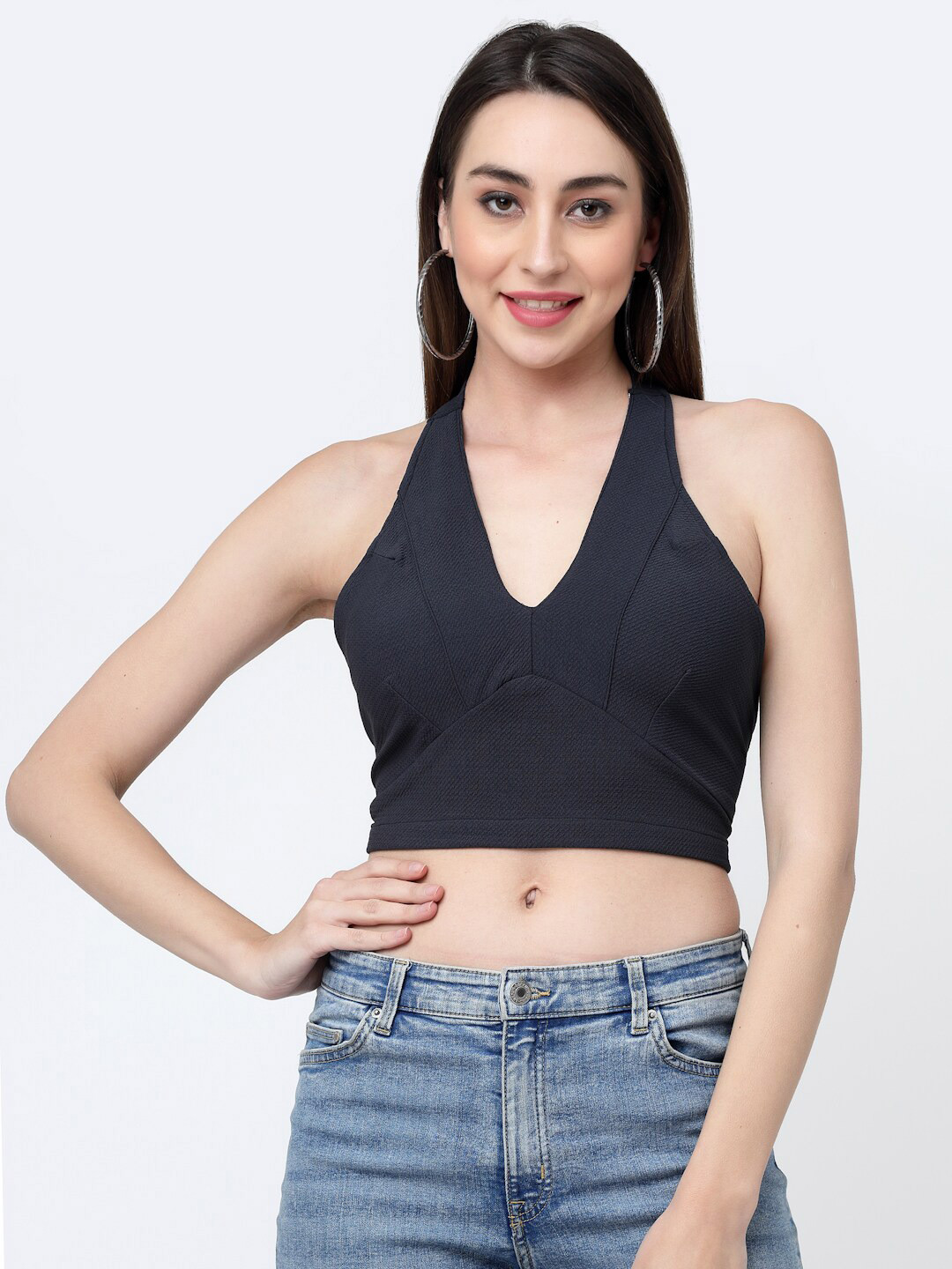 Blue Print Tie Halter Neck Crop Top - Aashi