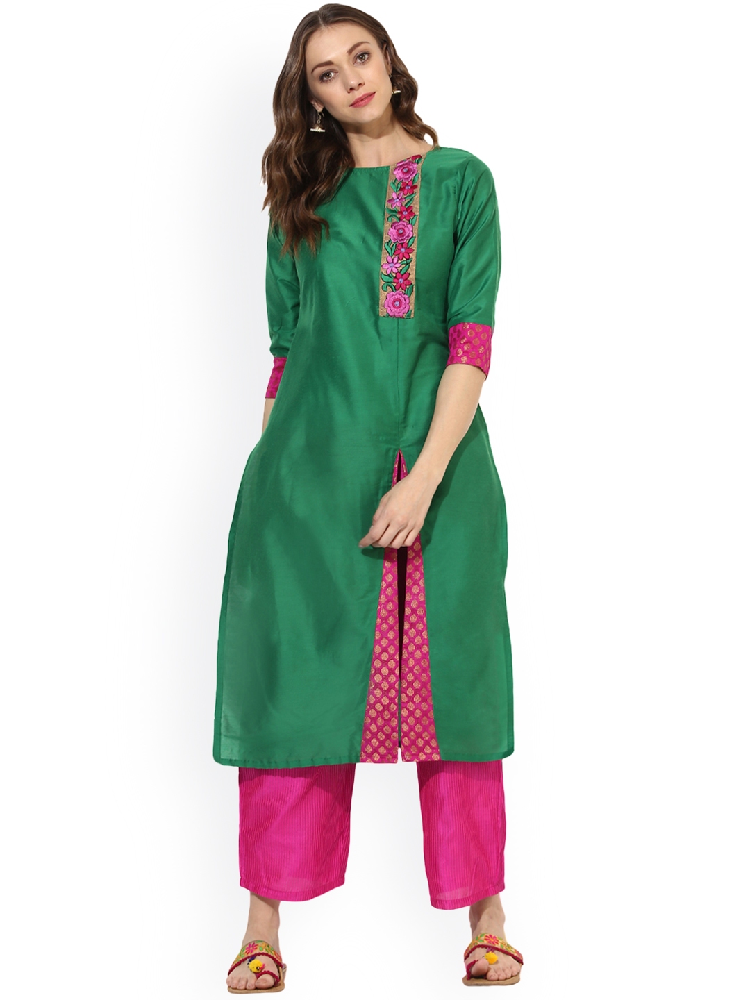 Buy Shakumbhari Women Green & Pink Embroidered Straight Kurta - Kurtas ...