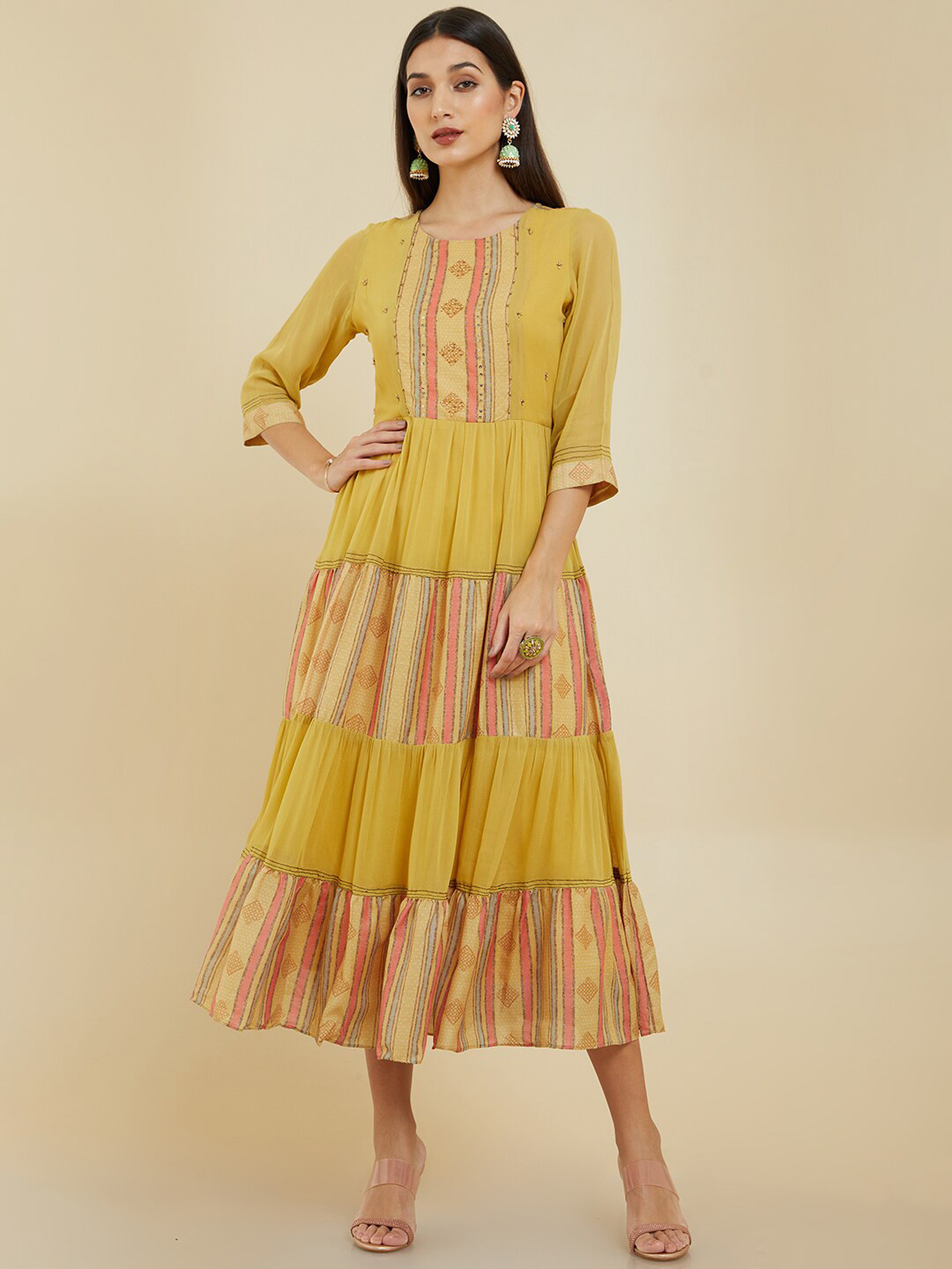 Buy Soch Mustard Ethnic Motifs Printed Tiered Midi Fit & Flare Ethnic Dress Ethnic