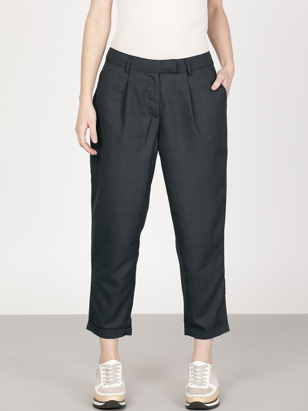 Buy Ether Women Grey Solid Cropped Regular Trousers Trousers for