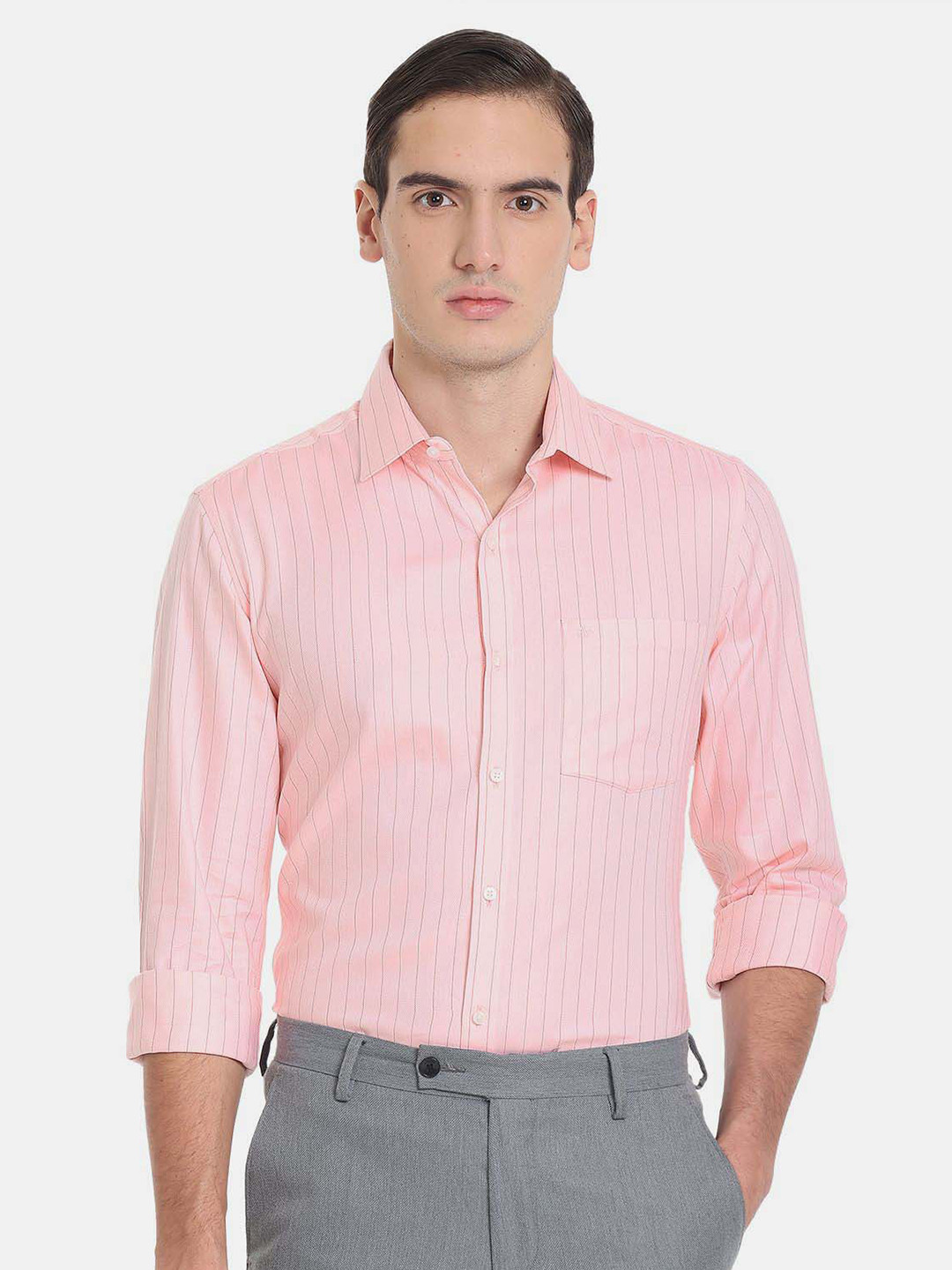 Men's Peach Comfort Horizontal Striped Pure Cotton Casual Shirt