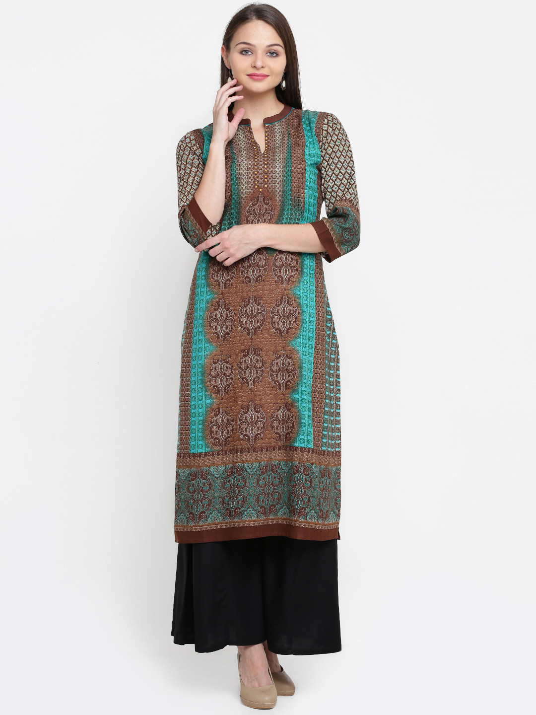 Buy Shree Women Green & Brown Printed Straight Kurta Kurtas for Women