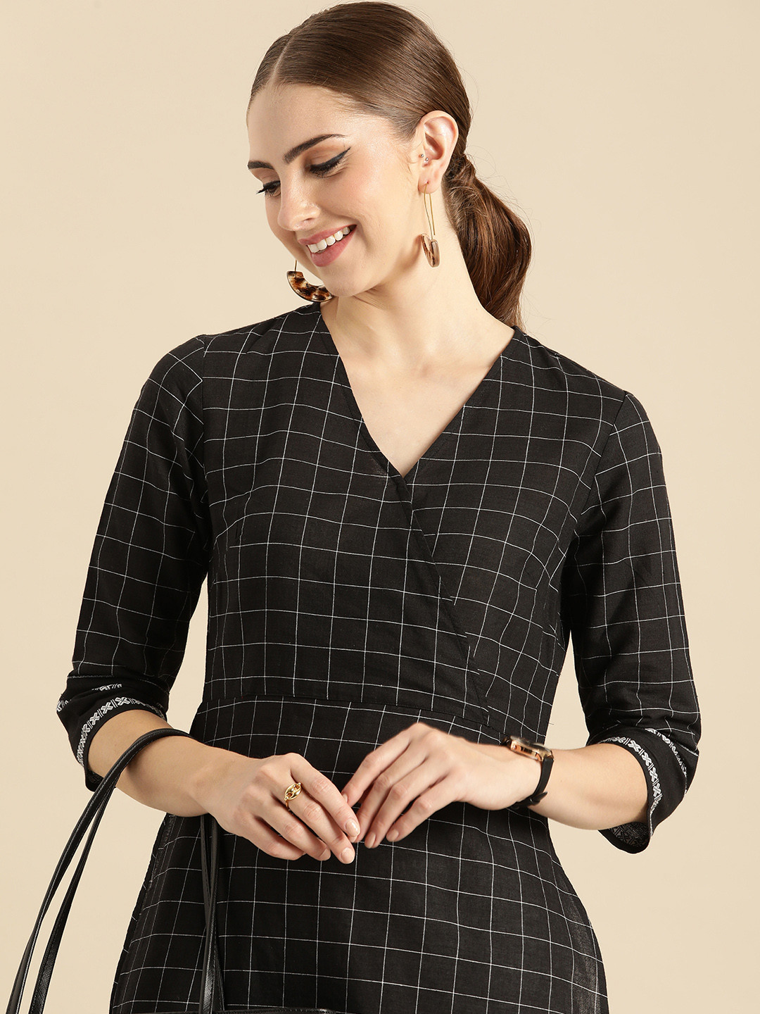 Buy Anouk Checked V Neck Kurta With Wrap Detail Kurtas for Women