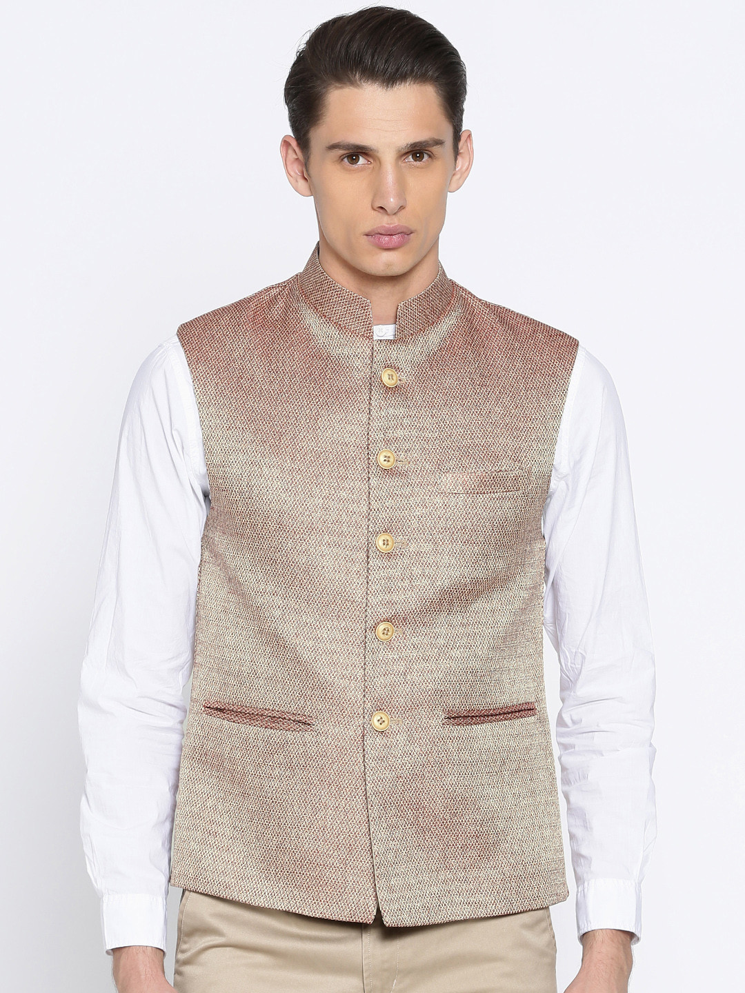 Buy Raymond Red & Beige Self Design Contemporary Fit Nehru Jacket - Nehru Jackets for Men 