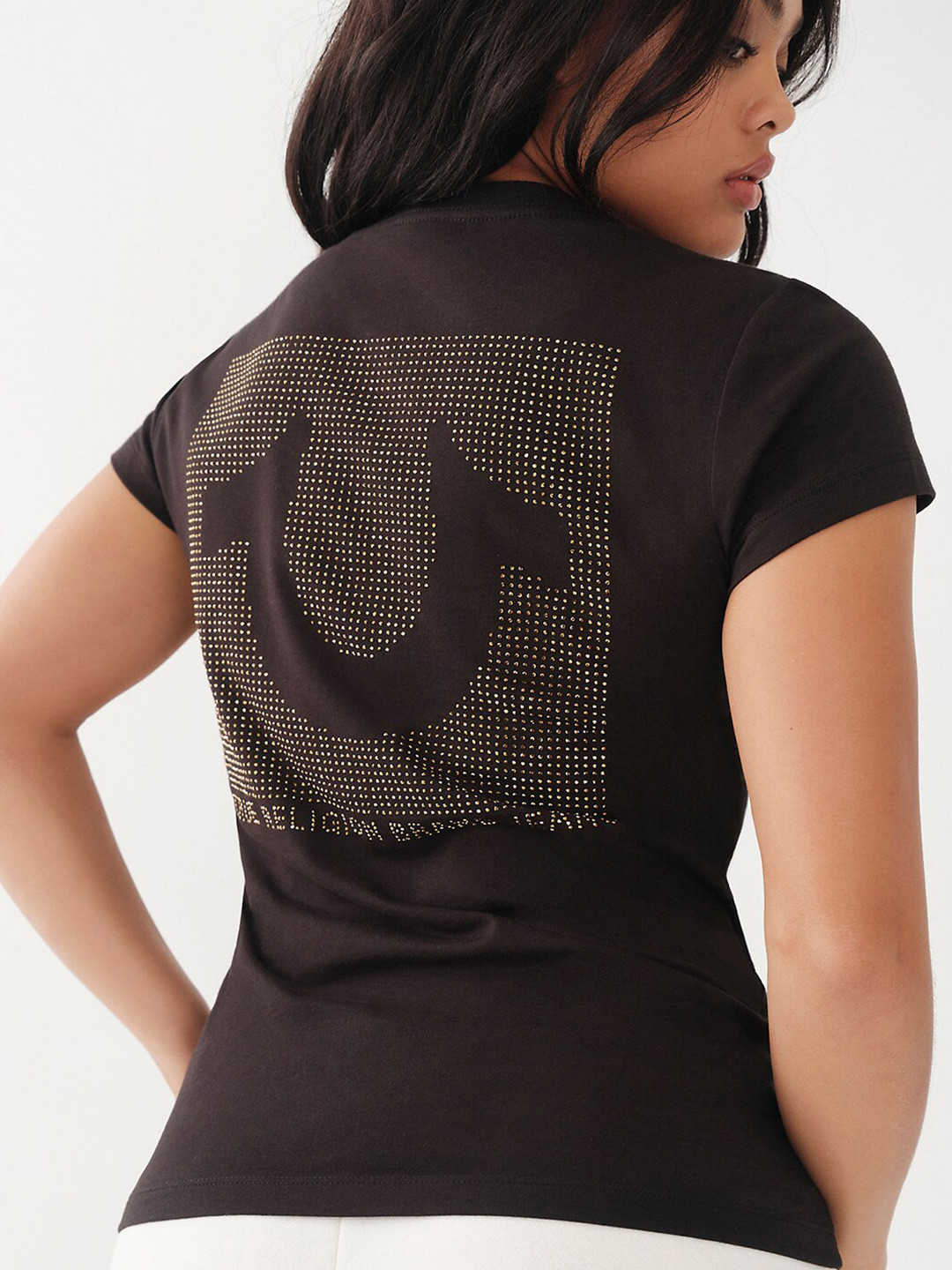 True Religion Women's Side Logo Slim V Neck Short Sleeve T-Shirt Black Size Large