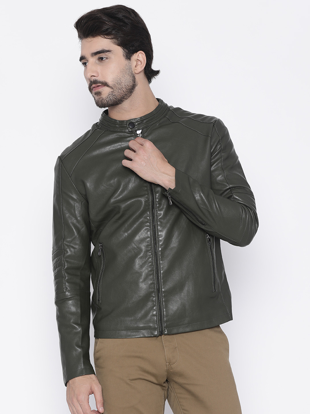 Buy The Indian Garage Co Men Green Slim Fit Solid Biker Jacket - Jackets for Men 2166070 | Myntra
