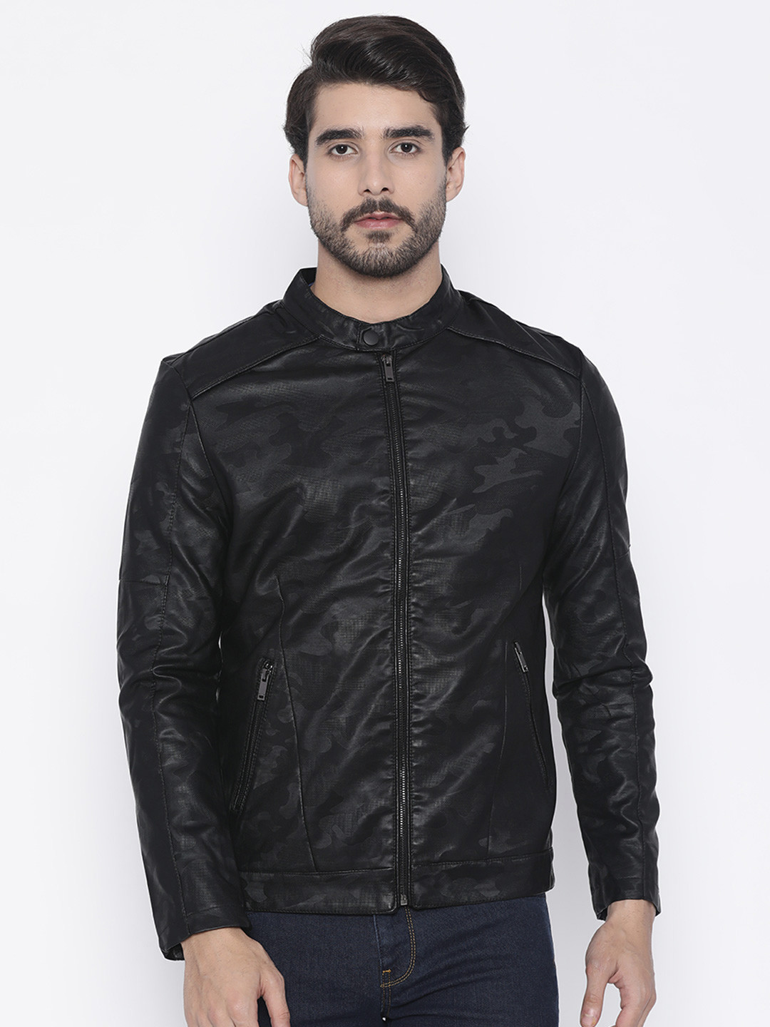 Buy The Indian Garage Co Men Black Self Design Biker Jacket - Jackets for Men 2166080 | Myntra