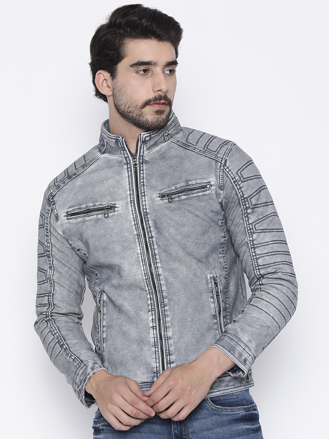 Buy The Indian Garage Co Men Blue Slim Fit Solid Biker Jacket - Jackets for Men 2166094 | Myntra