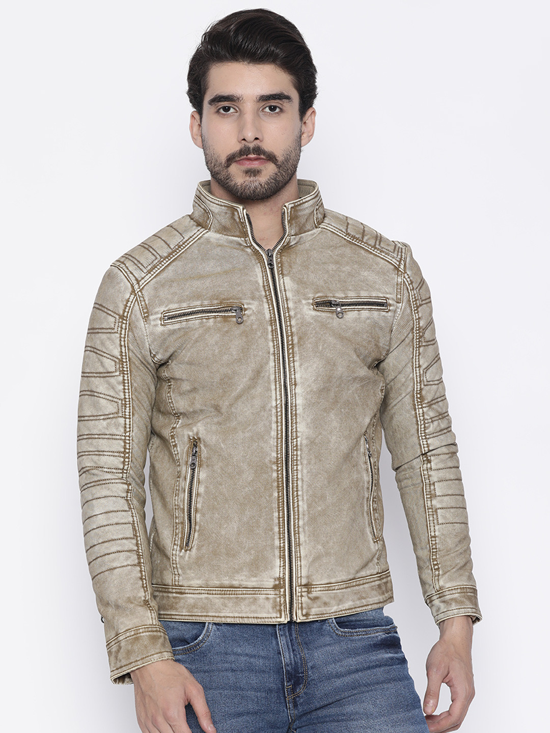 Buy The Indian Garage Co Men Khaki Slim Fit Self Design Biker Jacket - Jackets for Men 2166095 