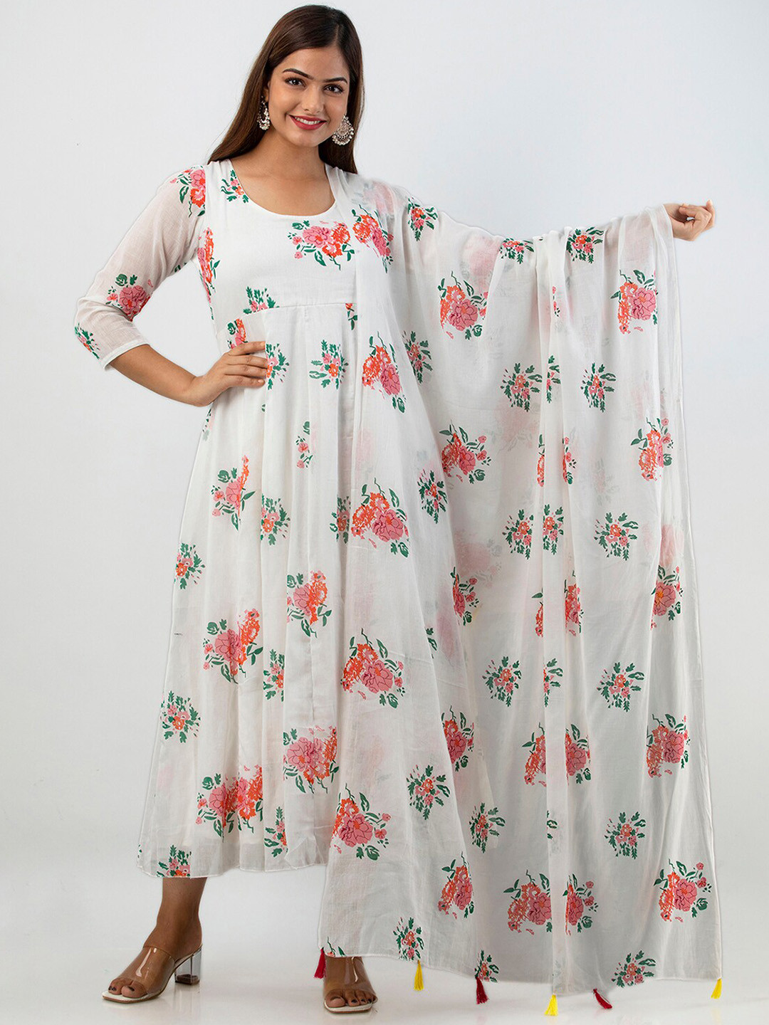 White Floral Block Printed Kali Kurta main image 0