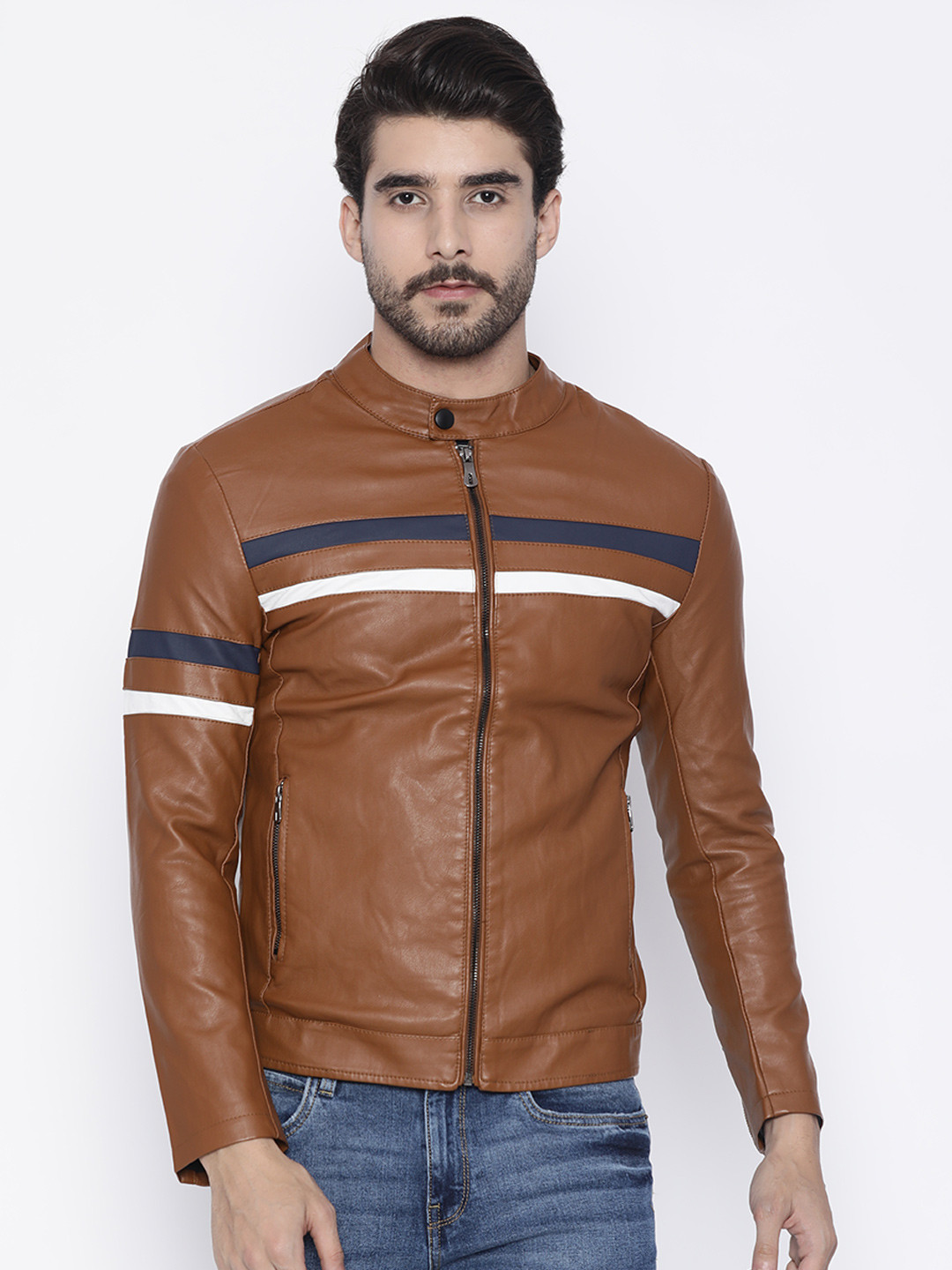 Buy The Indian Garage Co Men Tan Solid Biker Jacket - Jackets for Men 2166104 | Myntra