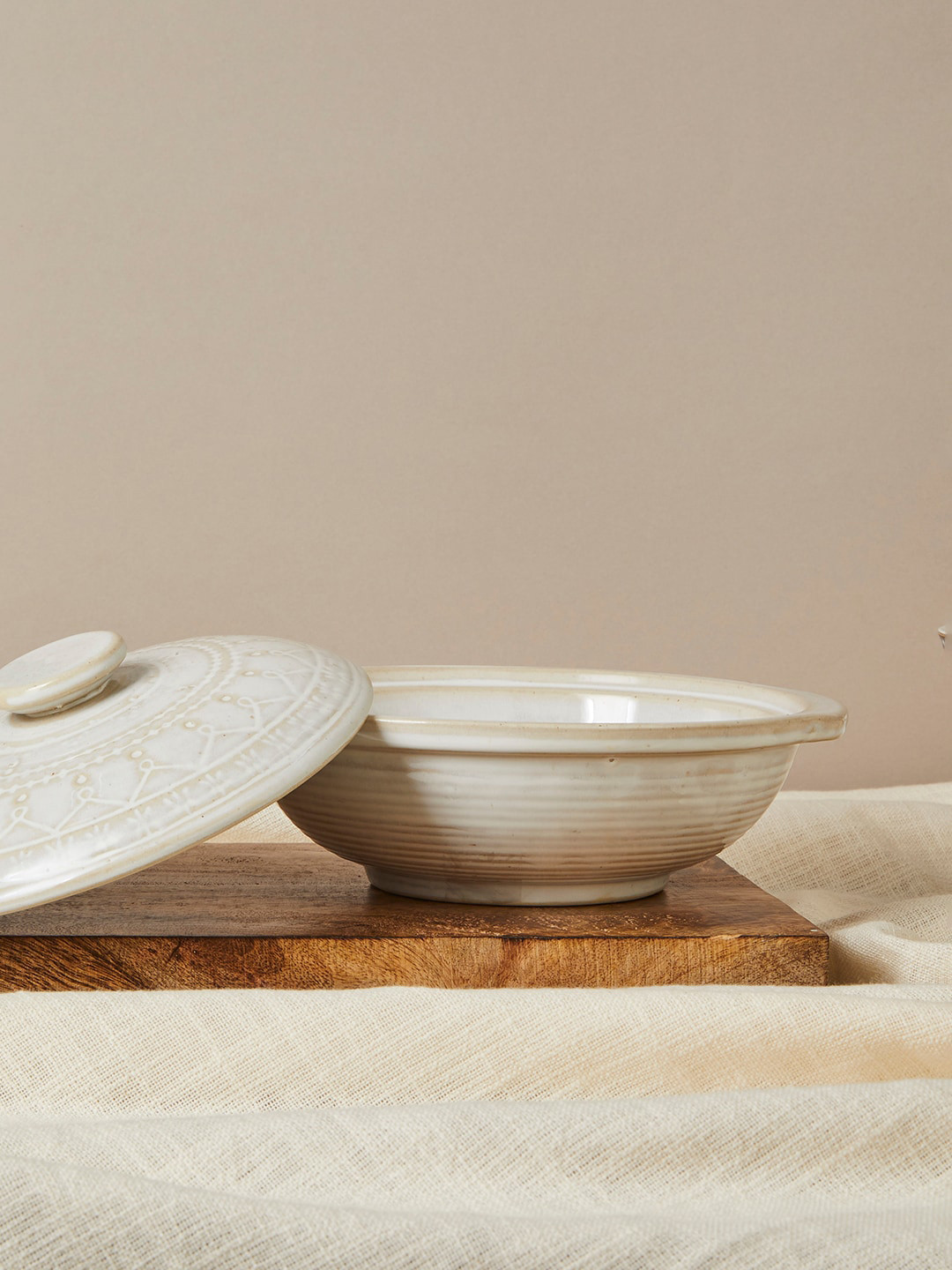 Buy Fabindia Idika White Engraved Design Ceramic Serving Bowl With Lid Bowl for Unisex