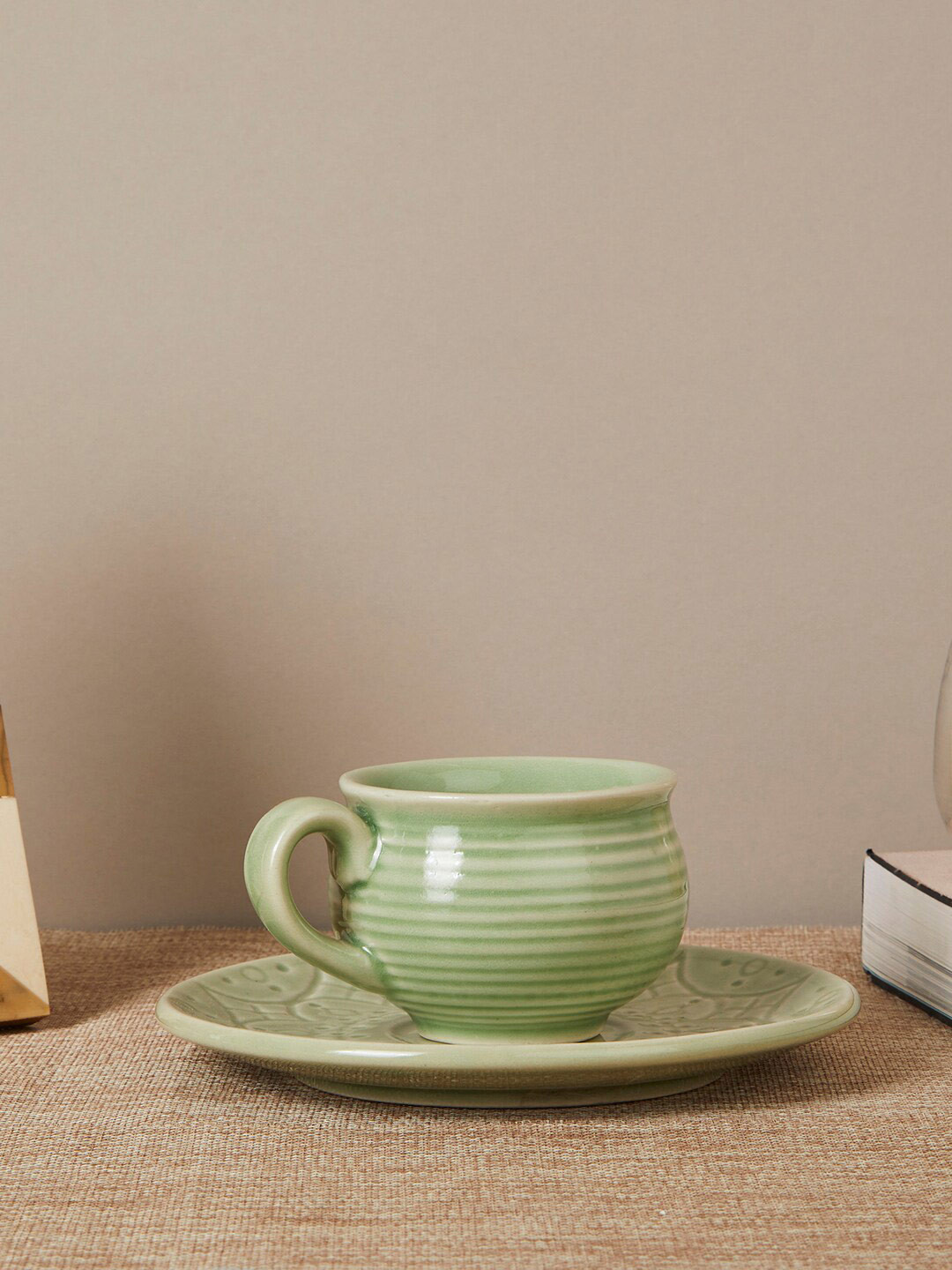 Buy Fabindia Haritah 2 Pcs Green Textured Ceramic Glossy Cups And