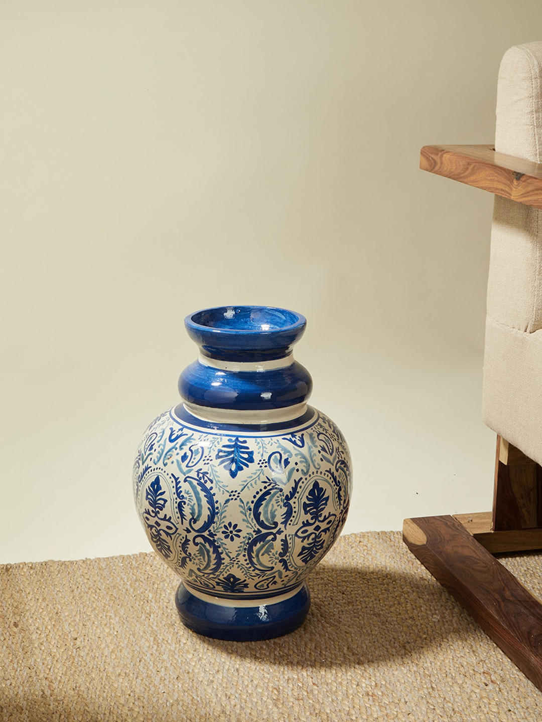 Buy Fabindia Advika Blue & White Floral Printed Small Floor Vase