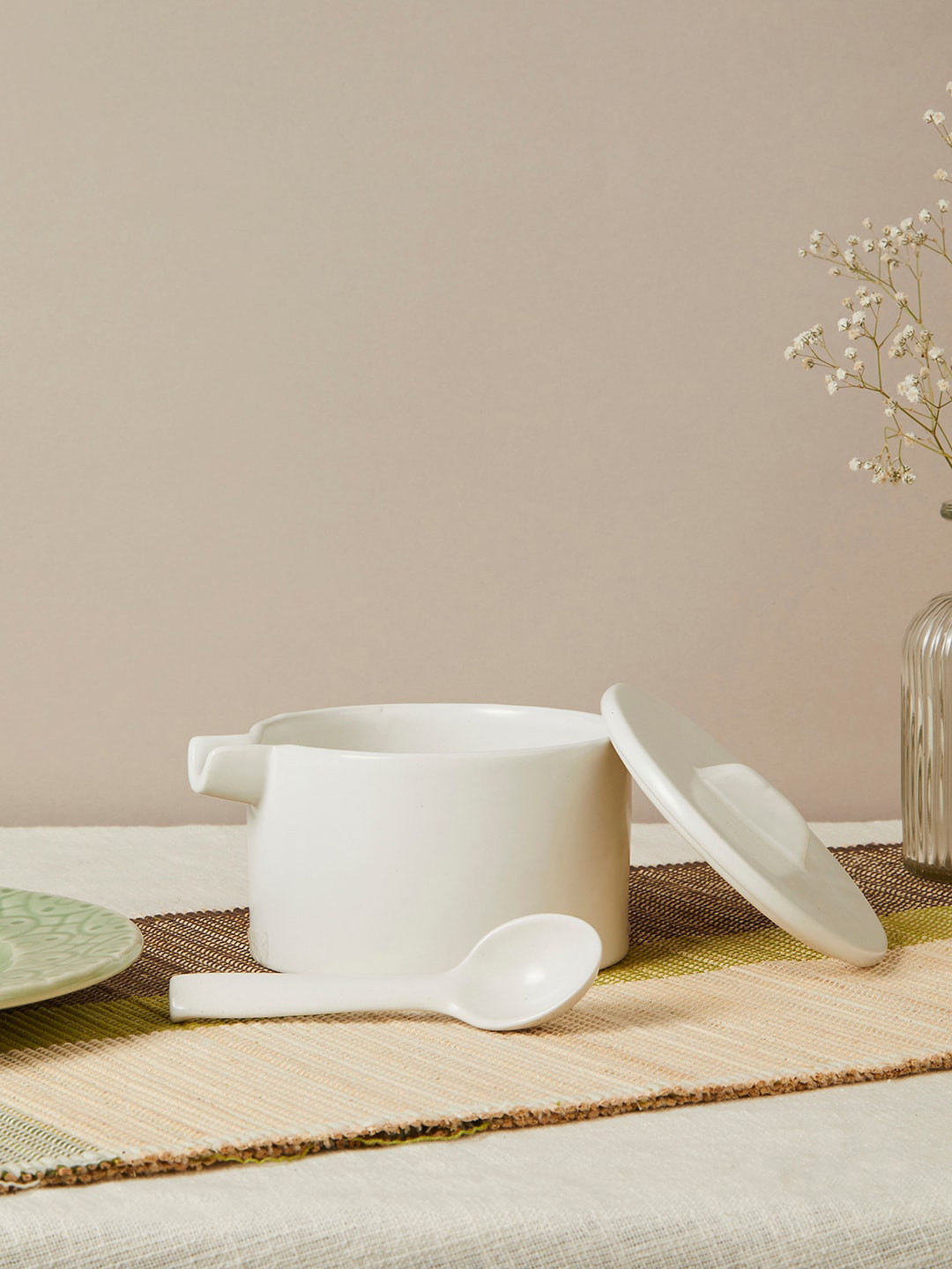 Buy Fabindia Maaya White Ceramic Soup Bowl With Lid & Spoon Bowl for