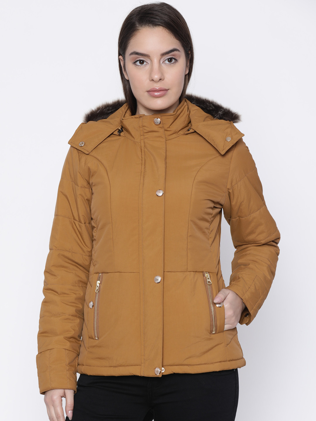 Buy Fort Collins Women Mustard Yellow Solid Parka With Detachable Hood