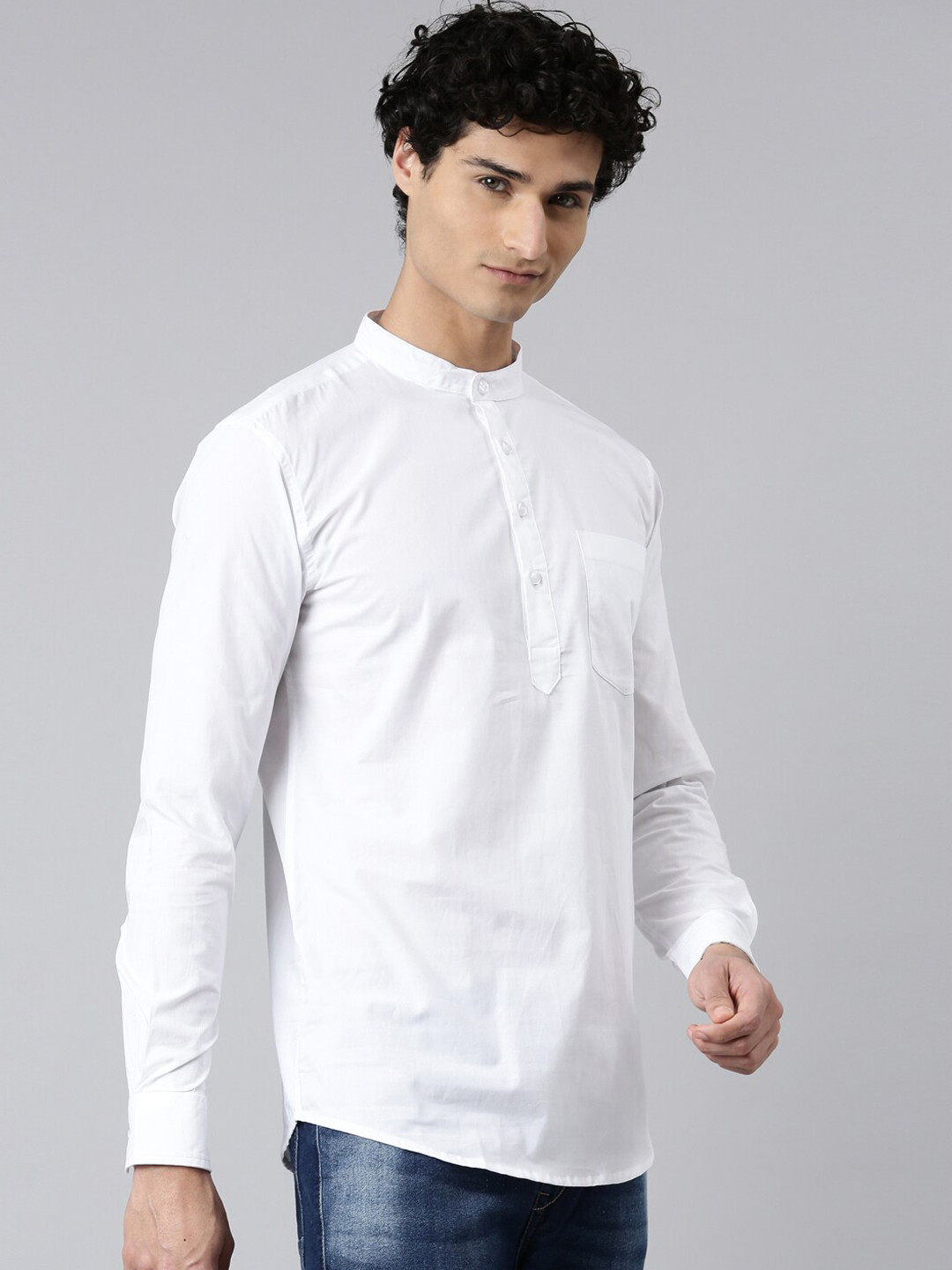 Men's White Thread Work Kurta – Striped Woven Design, Angrakha Style, Mandarin Collar | Indiaista
