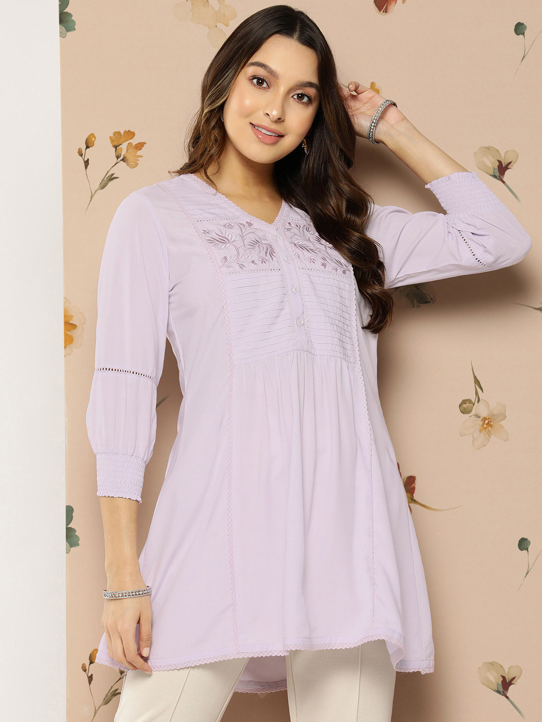 Buy Nayam By Lakshita Floral Embroidered Puff Sleeves Kurti Kurtis