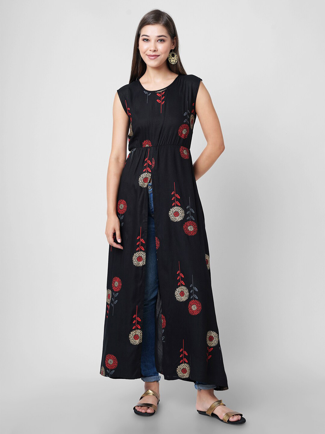 Black Floral Printed Round shape Neck Straight Kurti