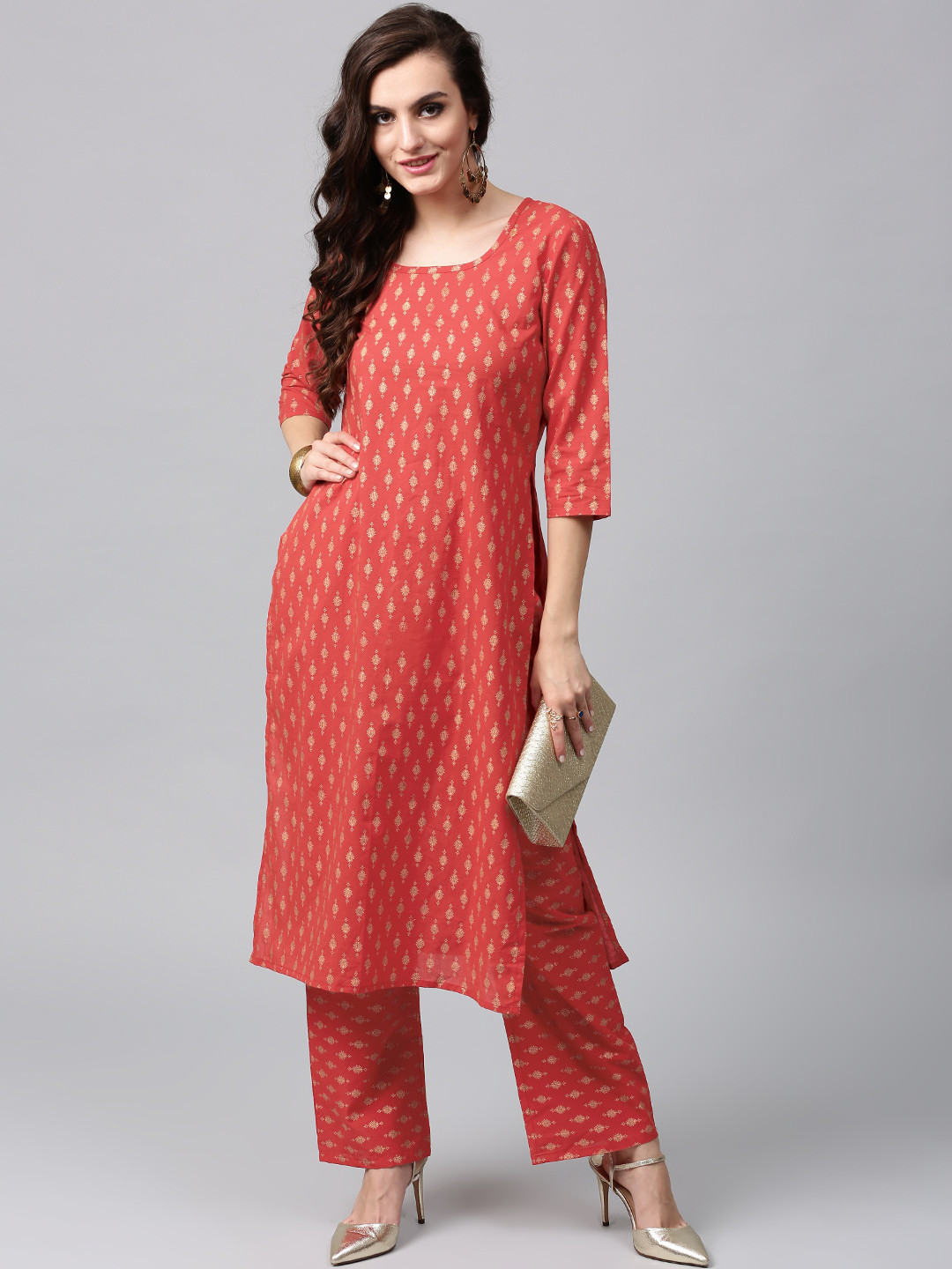 Buy AKS Women Red & Golden Printed Straight Kurta Kurtas for Women
