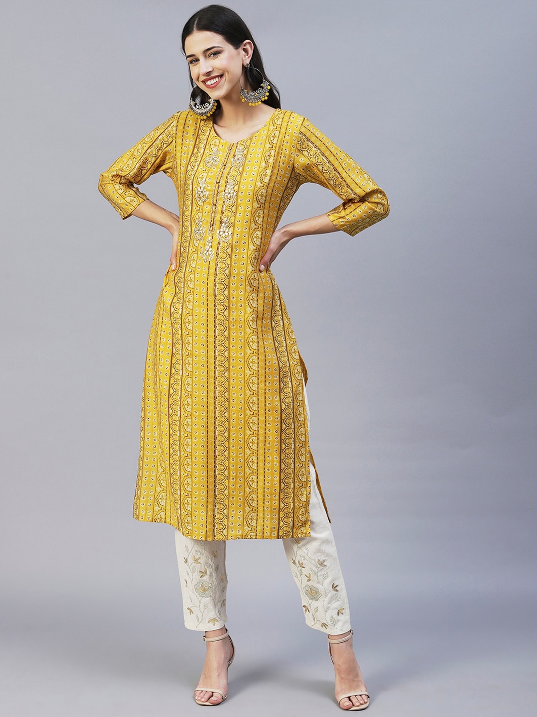 Buy FASHOR Women Printed Round Neck Sequinned Kurta Kurtas for Women