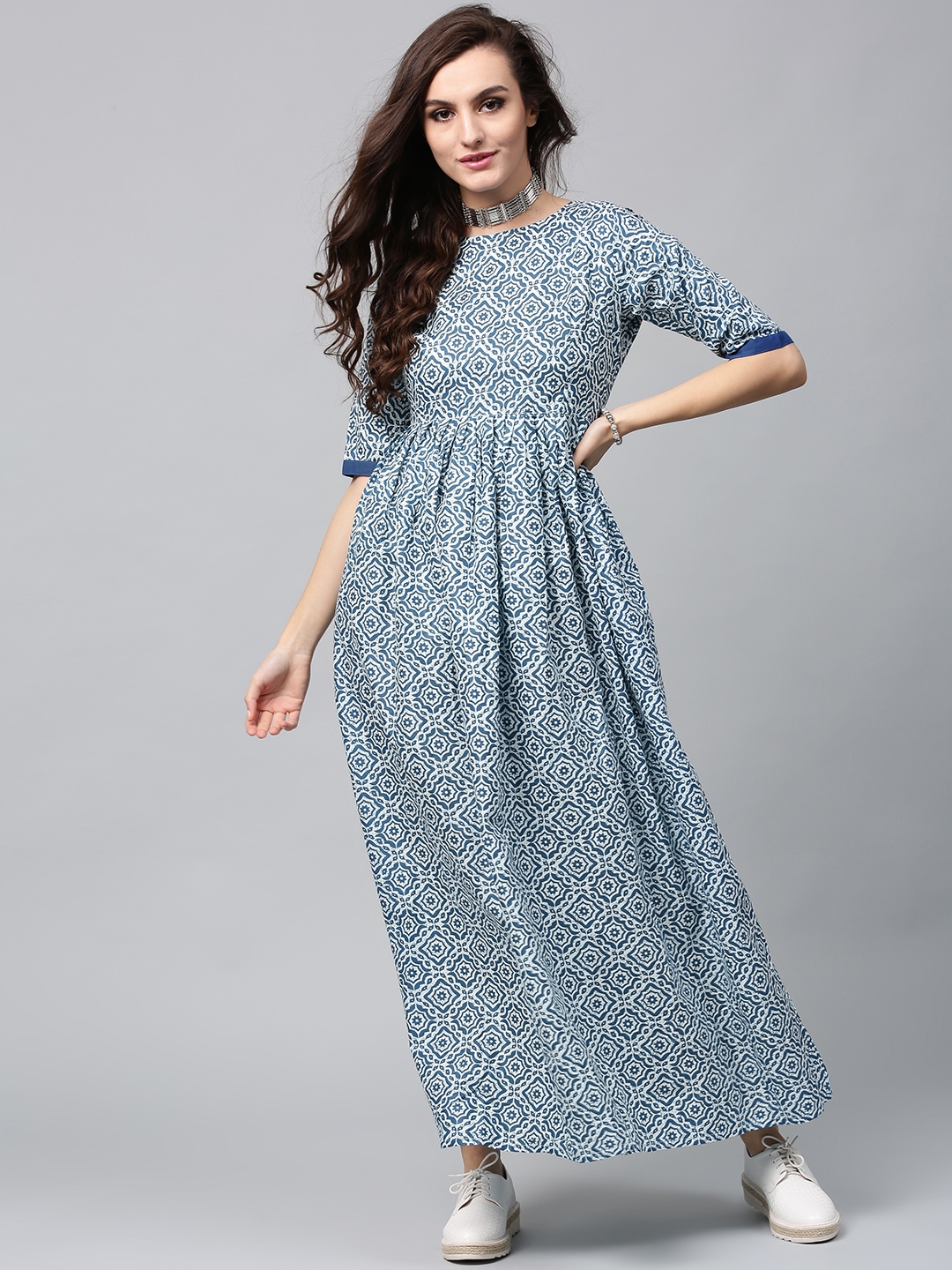 Buy AKS Women Blue & Off White Printed Maxi Dress - Dresses for Women ...