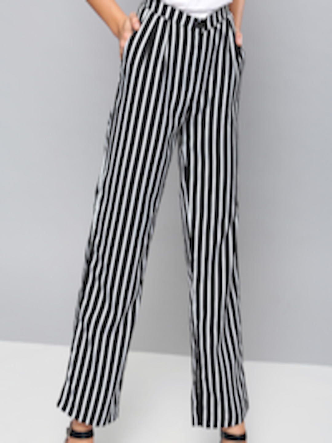 Buy NUSH Women Black & White Regular Fit Striped Regular Trousers ...