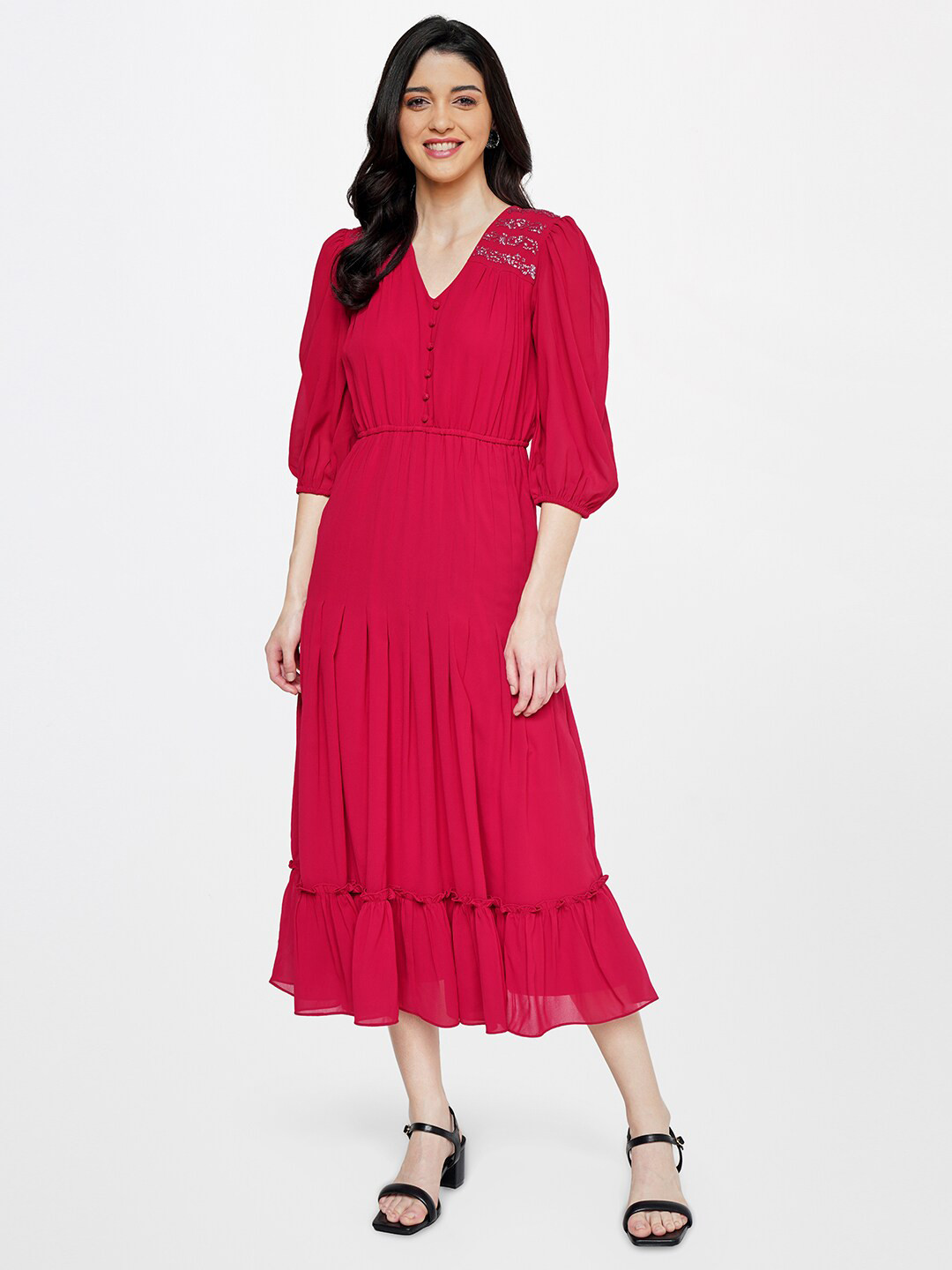 Maroon Solid Color A-Line Style Round Neckline Cotton Dress main image 1