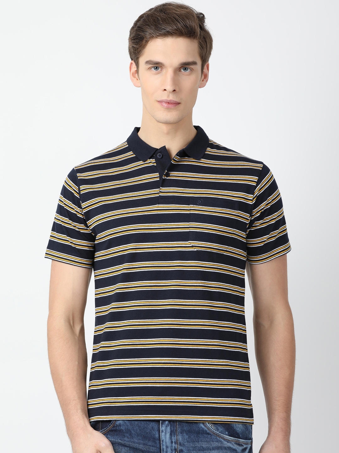 Buy Classic Polo Men Blue & Yellow Striped Polo Collar Slim Fit T Shirt ...