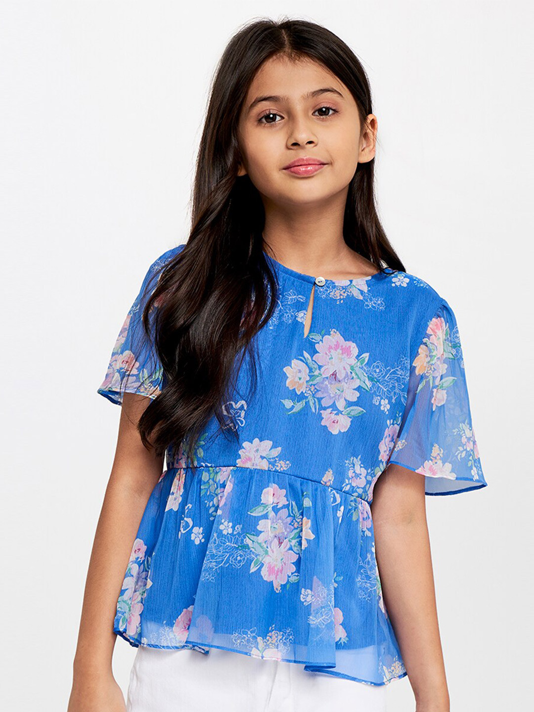 Buy AND Blue Floral Print Bell Sleeves Peplum Top Tops for Girls