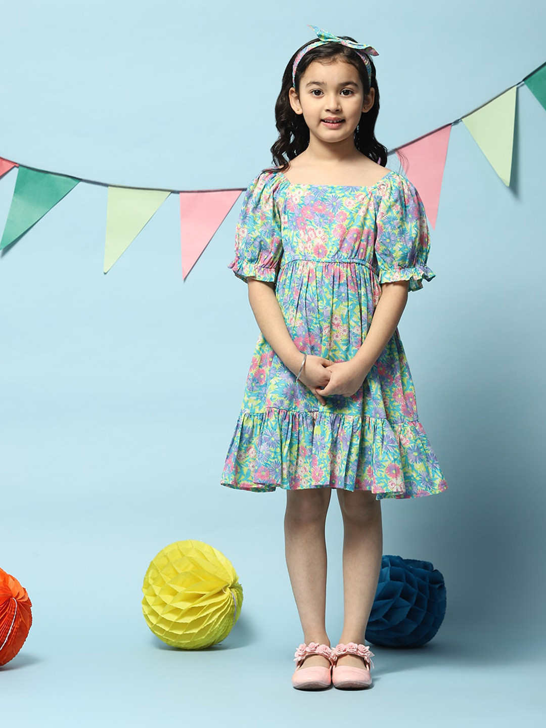 Buy Biba Square Neck Puff Sleeves Floral Printed Cotton Dress Dresses