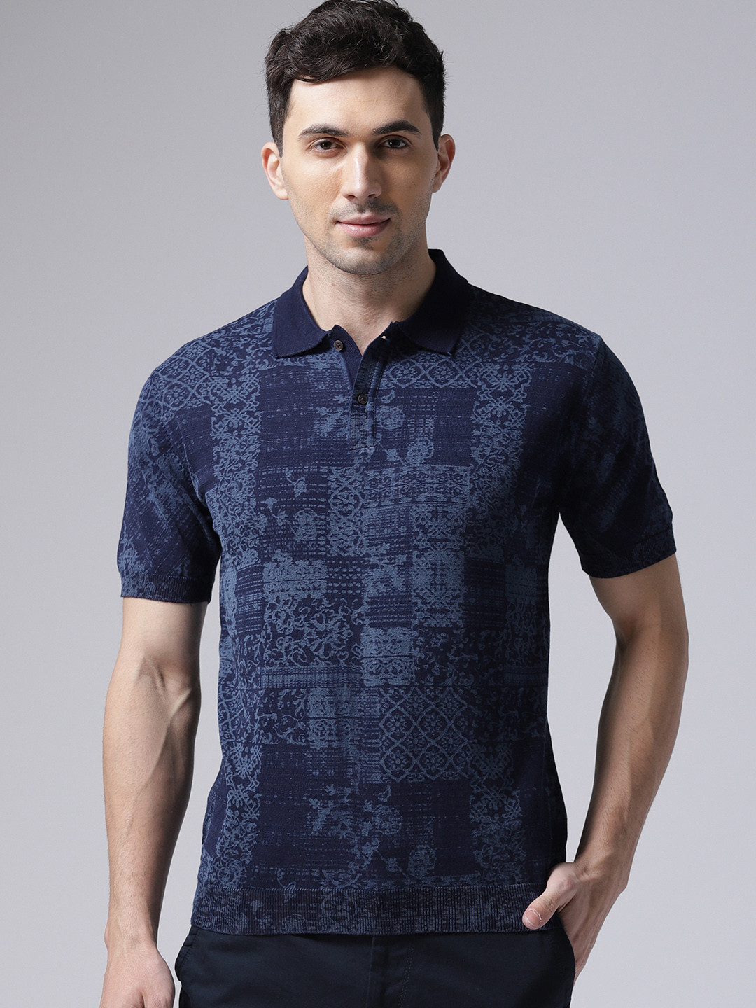 Buy True Blue Men Navy Blue Printed Polo Collar T Shirt - Tshirts for ...