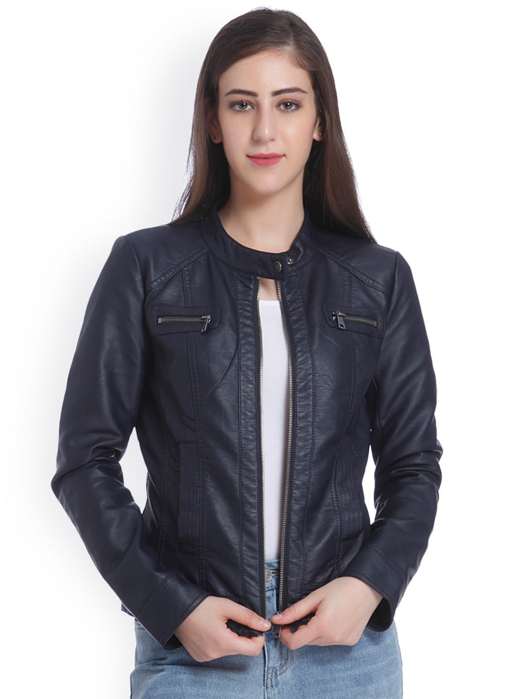 Buy ONLY Women Navy Blue Solid Biker Jacket Jackets for Women 2169226