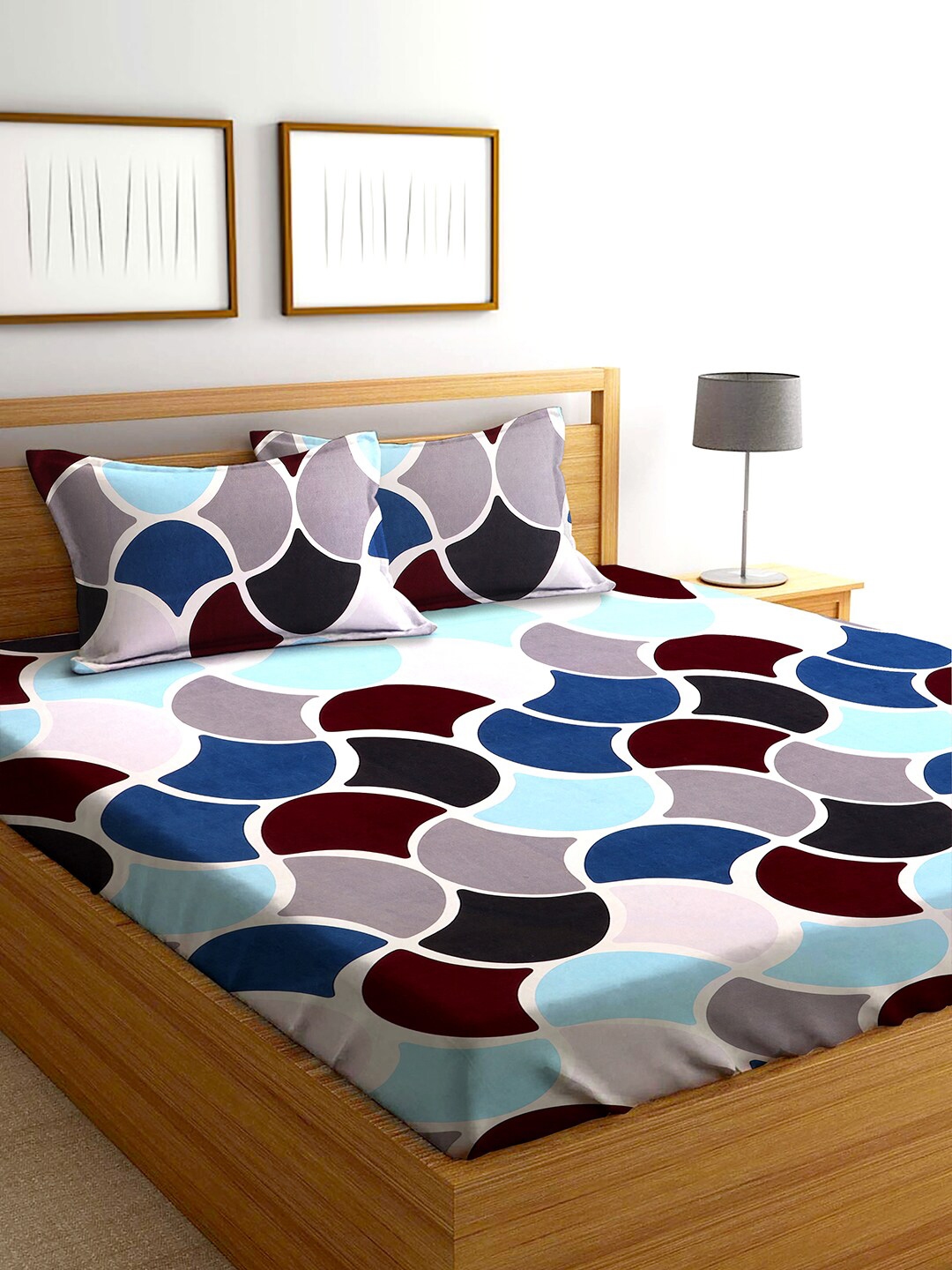 Buy AEROHAVEN Blue & Brown Geometric 210 TC Flat Cotton King Bedsheet ...