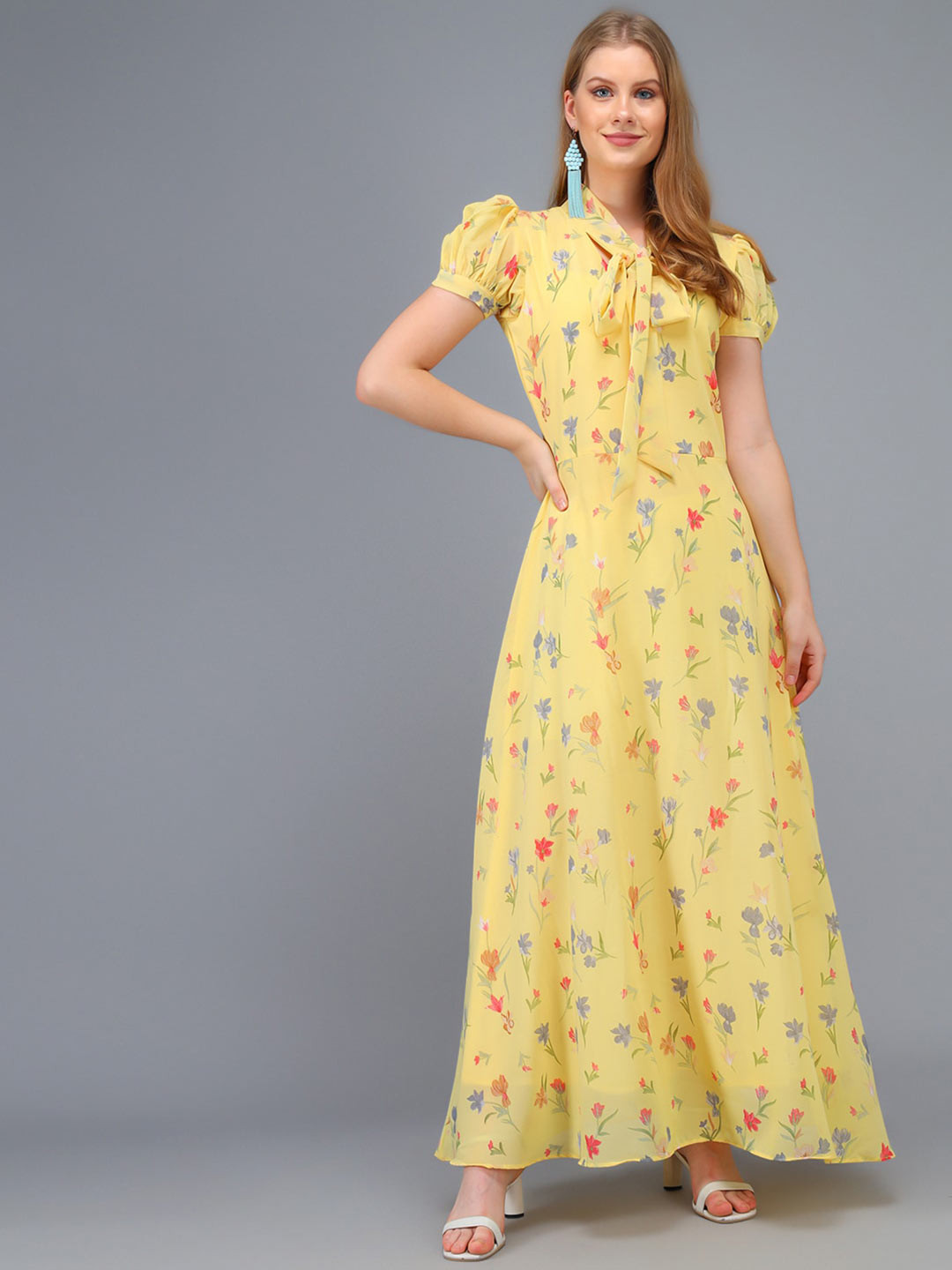 Buy Kannan Floral Printed Tie Up Neck Maxi Dress Dresses