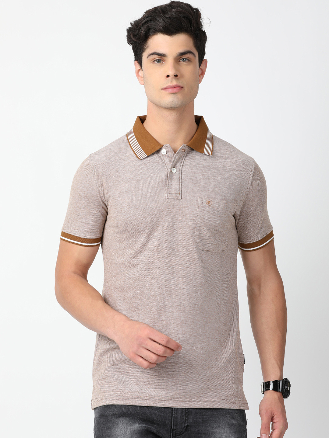 Men's Beige Solid Polo Collar Slim Fit T-Shirt