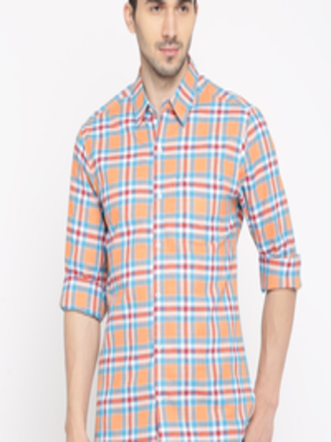 Buy PIVOTO Men Orange & Blue Slim Fit Checked Casual Shirt - Shirts for ...