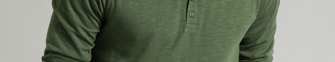 Buy Roadster Men Olive Green Solid Henley Neck T Shirt - Tshirts for ...