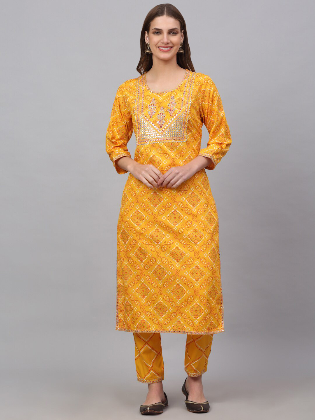 Women Bandhani Printed Pleated Pure Cotton Kurta with Palazzos & With Dupatta Set