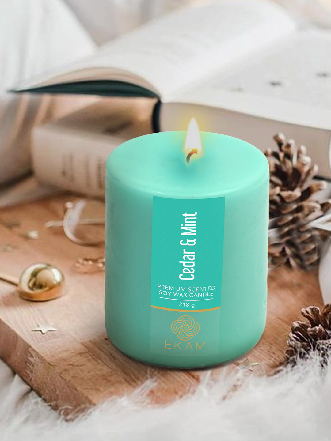 Buy Ekam Pillar Turquoise Blue Cedar & Mint Scented Candle Candles